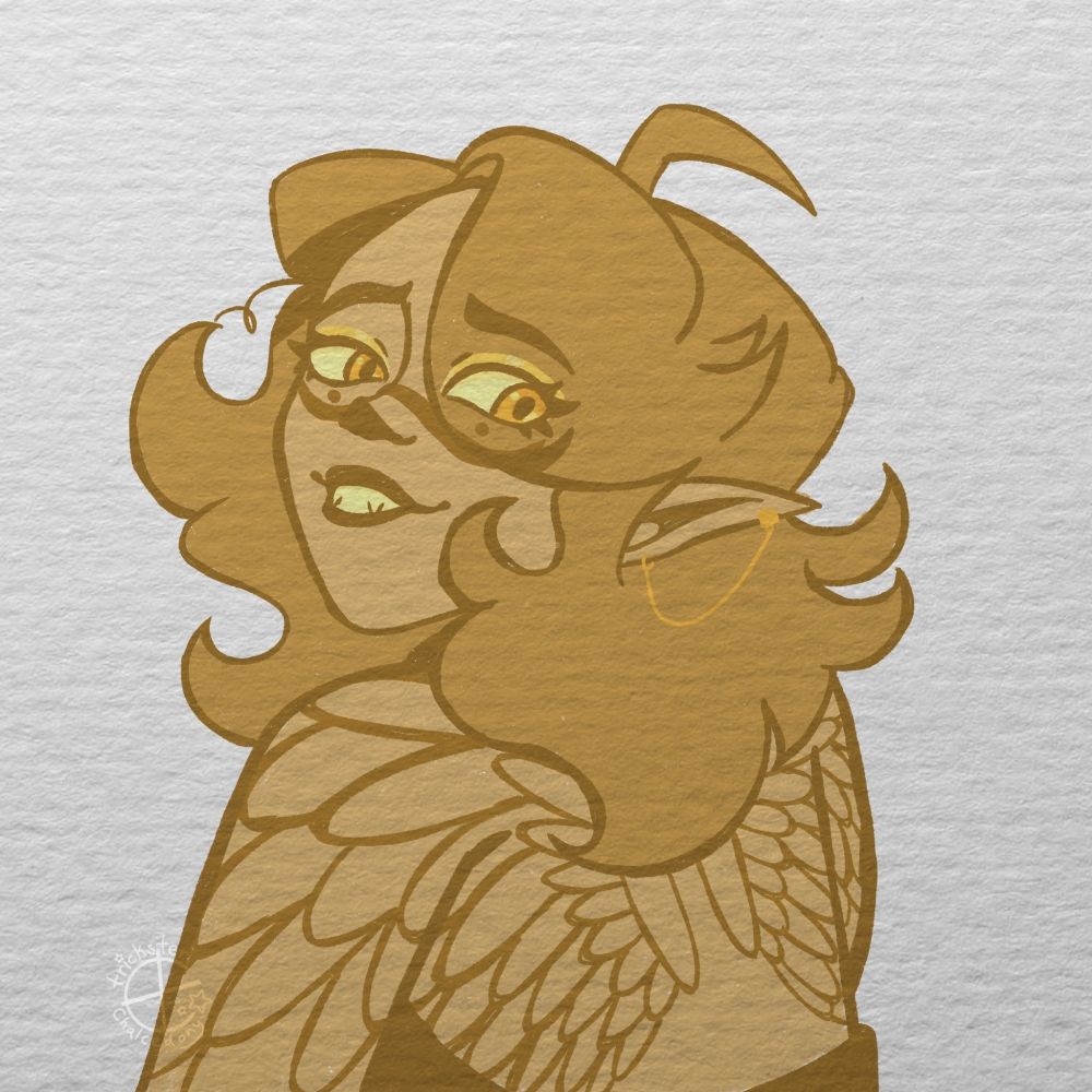 Digital art of a golden brown elf against a white paper background. They have gold eyes and yellow eyeshadow, brown facial tattoos, and long light brown hair. They have a link piercing on their ear. They're showing off their back wing tattoos, twisting their head to face the camera and smiling with fangs.