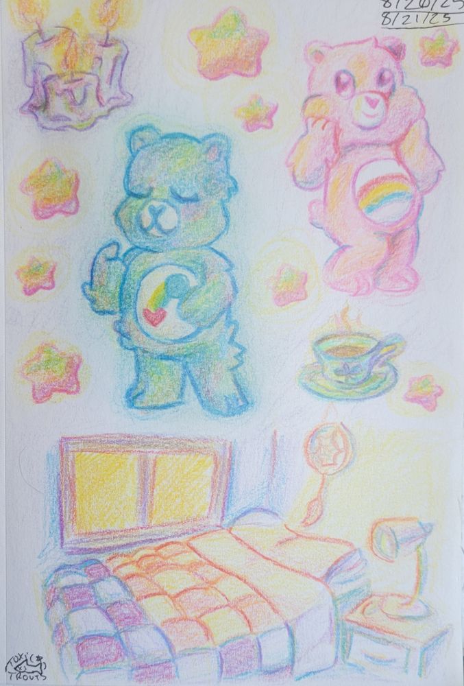 Various color pencil sketches featuring a trio of candles, Cheer Bear and I Care Bear from Care Bears, a teacup, various stars, and a scene of a window shining light on a bed