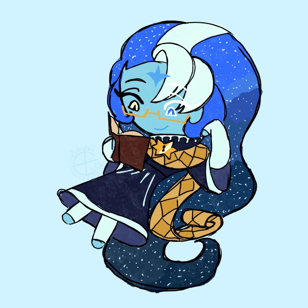 Digital sketch of the Fount of Knowledge (Shadow Milk Cookie) from Cookie Run: Kingdom against a pale blue background. He is floating in the air and reading a book with one hand propping up his head. He's smiling and content and wearing his Fount robes and gold glasses.