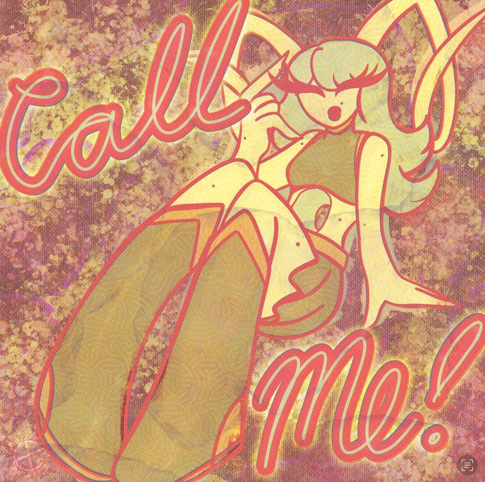 Digital art of an alien looking girl wearing big boots, a crop top, and a short skirt holding her hand up to her head in the "call me" sign. She has large spiral horns and a hole in her stomach. The words "Call Me!" are written around her. The palette is green, pink, white, and yellows.