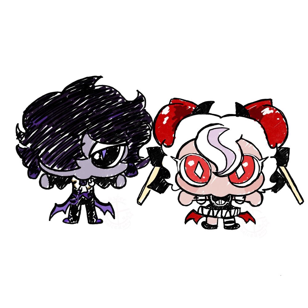 Digital sketch of Black Sapphire Cookie and Candy Apple Cookie from Cookie Run: Kingdom. They are small and stupid looking and staring up at the viewer with big pathetic eyes.