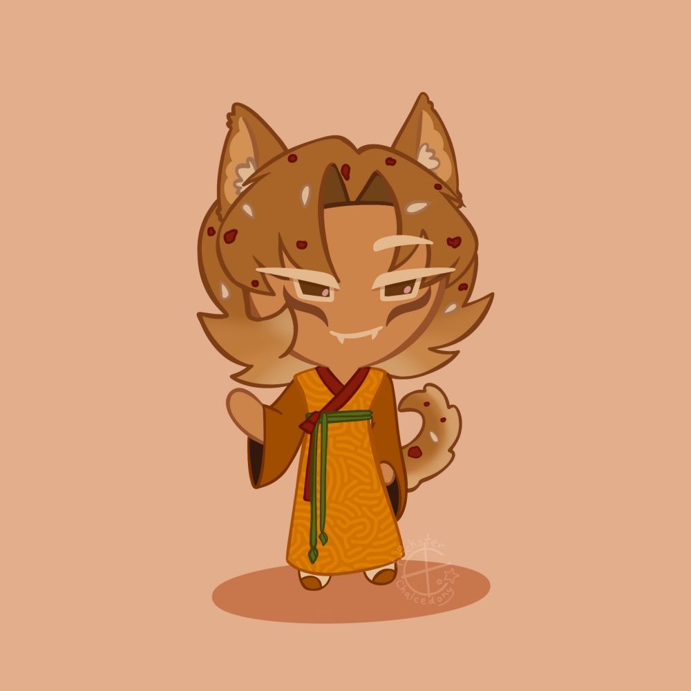 Digital art of Peanut Butter Noodle Cookie, a Cookie Run OC, against a plain pinkish beige background. He's looking at the viewer and waving. His hair is short and fluffy with a middle part, and light brown fading to white at the bottom. He has dog ears and a tail in the same coloring. His hair and fur are covered with red chili flakes and seasame seeds. He has brown eyes and brown cheek markings. He's wearing a yellow and brown version of a Joseon era hanbok with red and green accents, and white and brown shoes.