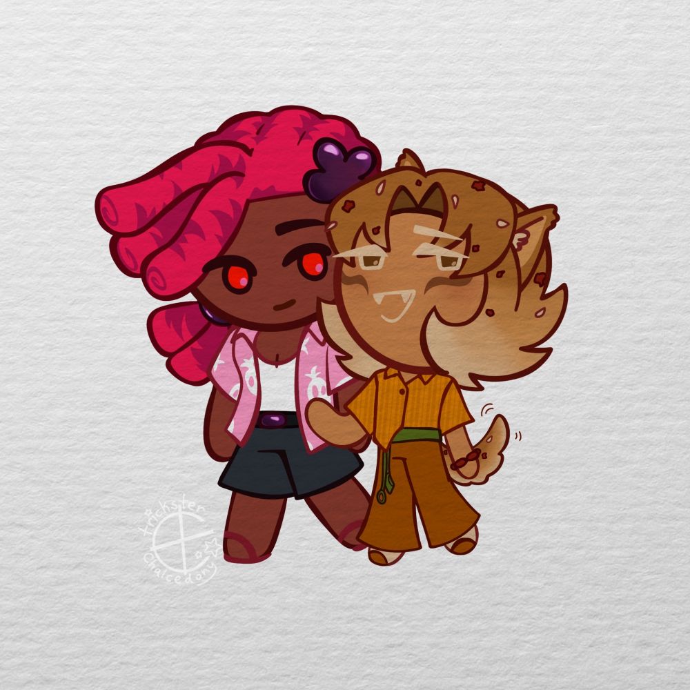 Digital art of Wildberry Cookie from Cookie Run Kingdom and my Cookie Run OC Peanut Butter Noodle Cookie against a whote canvas background. Wildberry is to the left wearing a pink hawaiian shirt, shorts, and sandals and he's looking at Peanut Butter Noodle while smiling. Peanut Butter Noodle is looking away from Wildberry but smiling and yapping, his tail wagging slightly.