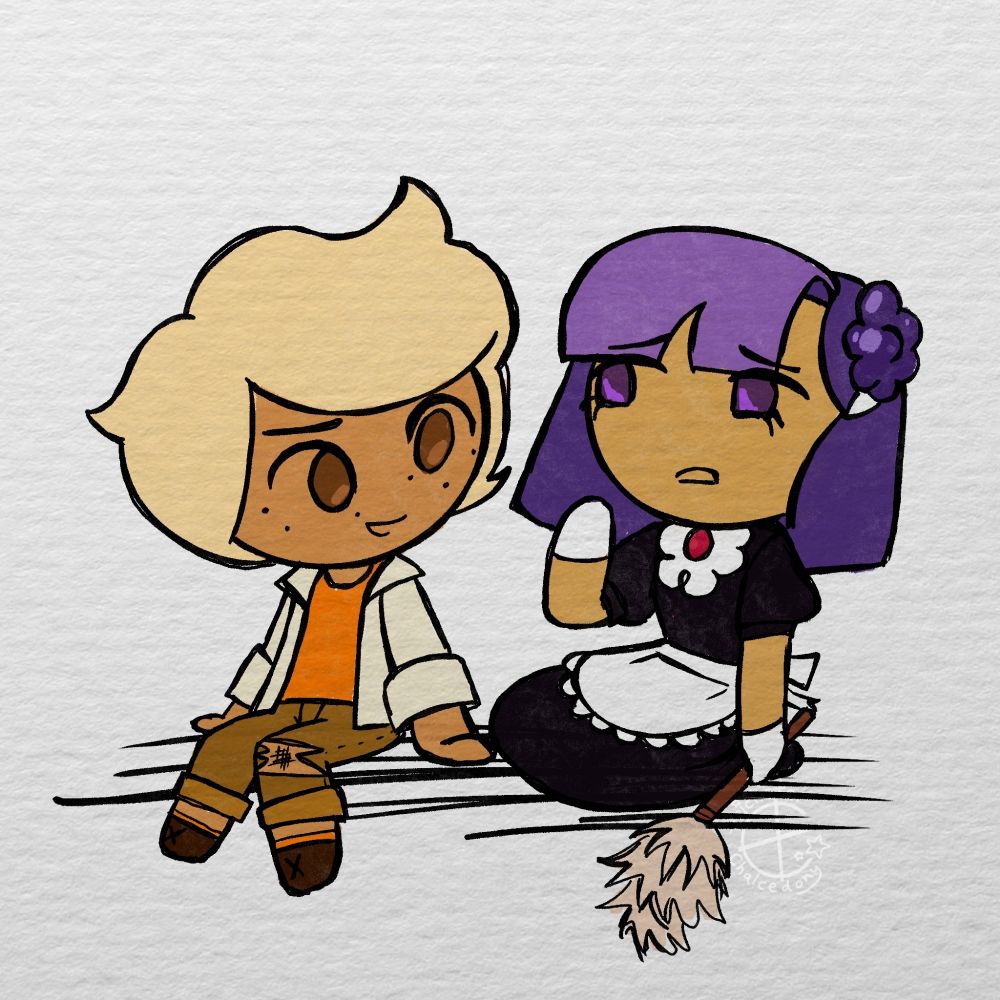 Digital art of a younger version of Adventurer Cookie and Blackberry Cookie from Cookie Run against a white paper background. They are sitting down with Adventurer to the left and Blackberry to the right. Adventurer is looking at Blackberry with concern, and Blackberry looks slightly upset, holding a feather duster.