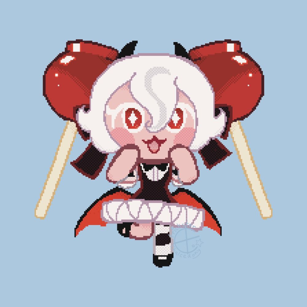 Pixel art of Candy Apple Cookie from Cookie Run: Kingdom against a light blue background. She has her hands to her face and is smiling delightfully. She's wearing her typical outfit.