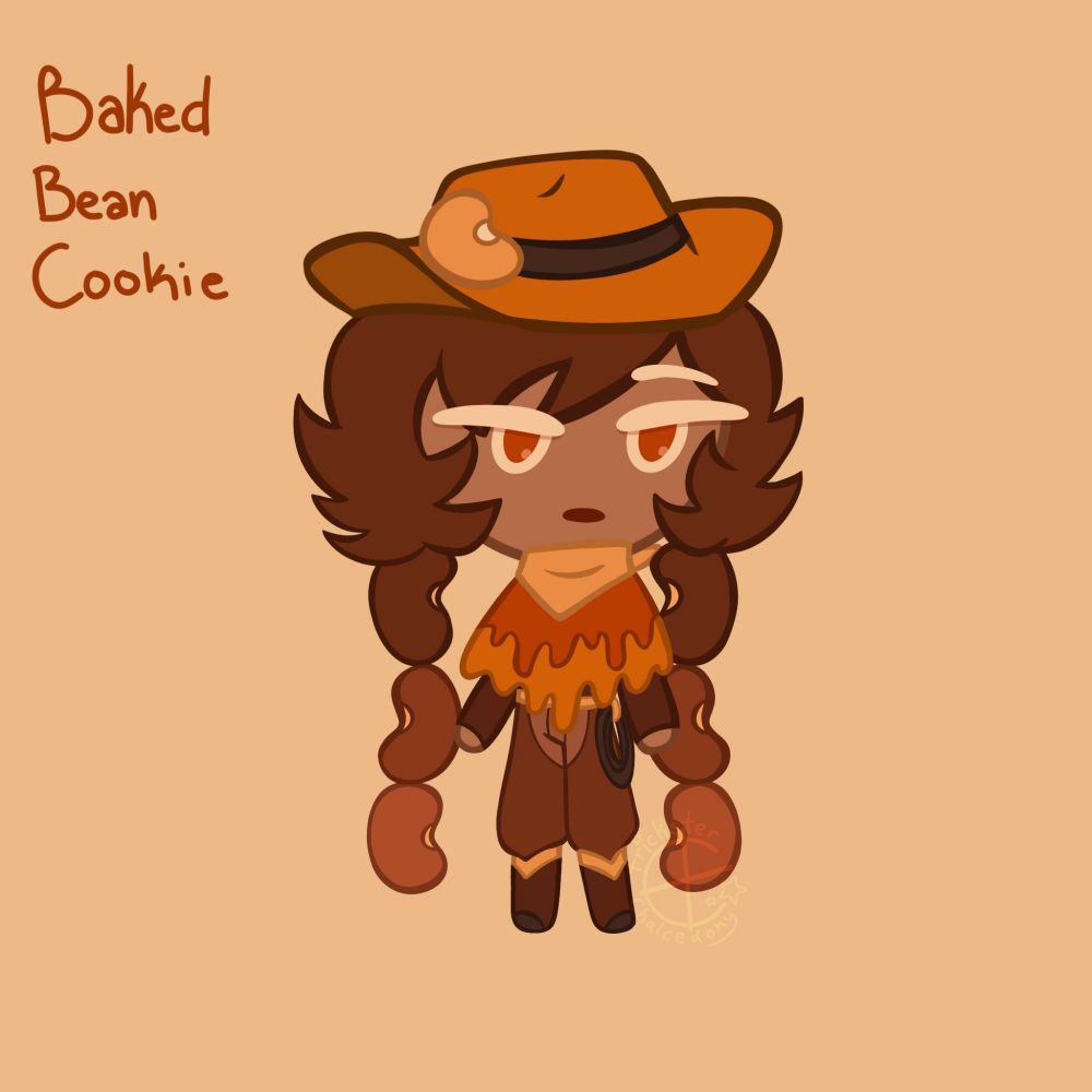 Digital art of a Cookie Run OC labeled "Baked Bean Cookie" against a beige background. She is cowboy themed, colored with shades of orange and brown. She has a cowboy hat with a bean on it, a light orange bandana around her neck, a drippy orange poncho, and brown pants tucked into brown boots. She has a whip tied up to her belt and a long undershirt, and her two long braids are shaped like beans. Her eyes are orange and her hair is brown, the bean braids in a gradient getting lighter at the bottom.