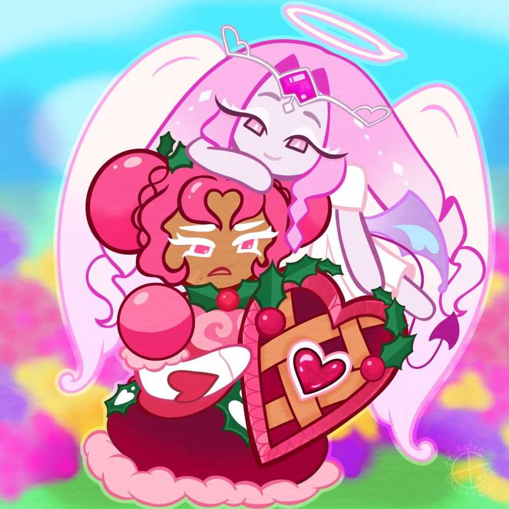 Digital fanart of Eternal Sugar Cookie and Hollyberry Cookie from Cookie Run: Kingdom. The background is blurry and has a light blue sky, bright green grass, and brightly colored flowers surrounding the two cookies. Hollyberry sits on the ground, her dress bunched up around her. She's holding onto her shield and  staring at it with an upset expression. Eternal Sugar floats above her, surrounding her with her wings. She's resting her head and one arm on Hollyberry's hair, and her other arm reaches towards the shield. She has a pleasantly relaxed expression.
