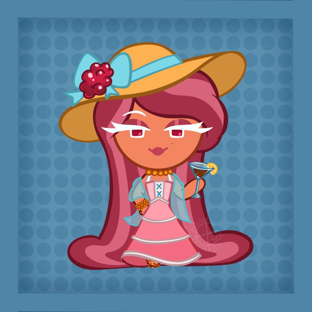 Digital art of Raspberry Moscato Cookie (a Cookie Run OC) against a blue dotted background. She is looking directly at the viewer and smiling. She has one hand on her hip and the other holding a glass of cider with a lemon wedge. She is wearing her typical pink dress, gold bracelets and necklace, blue shawl, and sunhat with a raspberry and blue bow.