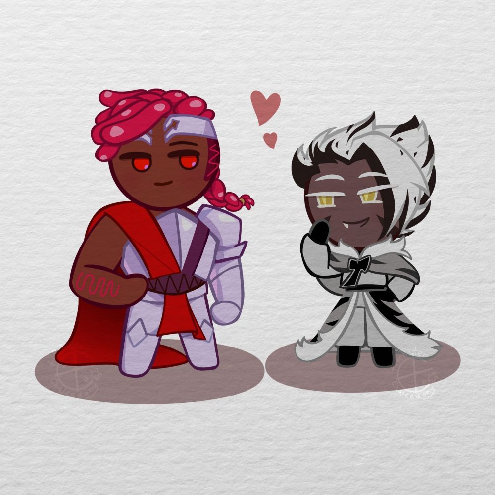 Digital art of Crunchy Chip Cookie and Wildberry Cookie from Cookie Run: Kingdom against a paper background. They are standing and looking at each other with hearts floating up between them. Chip has one hand by his face and has his mouth open like he's talking and Wildberry's smiling at him.