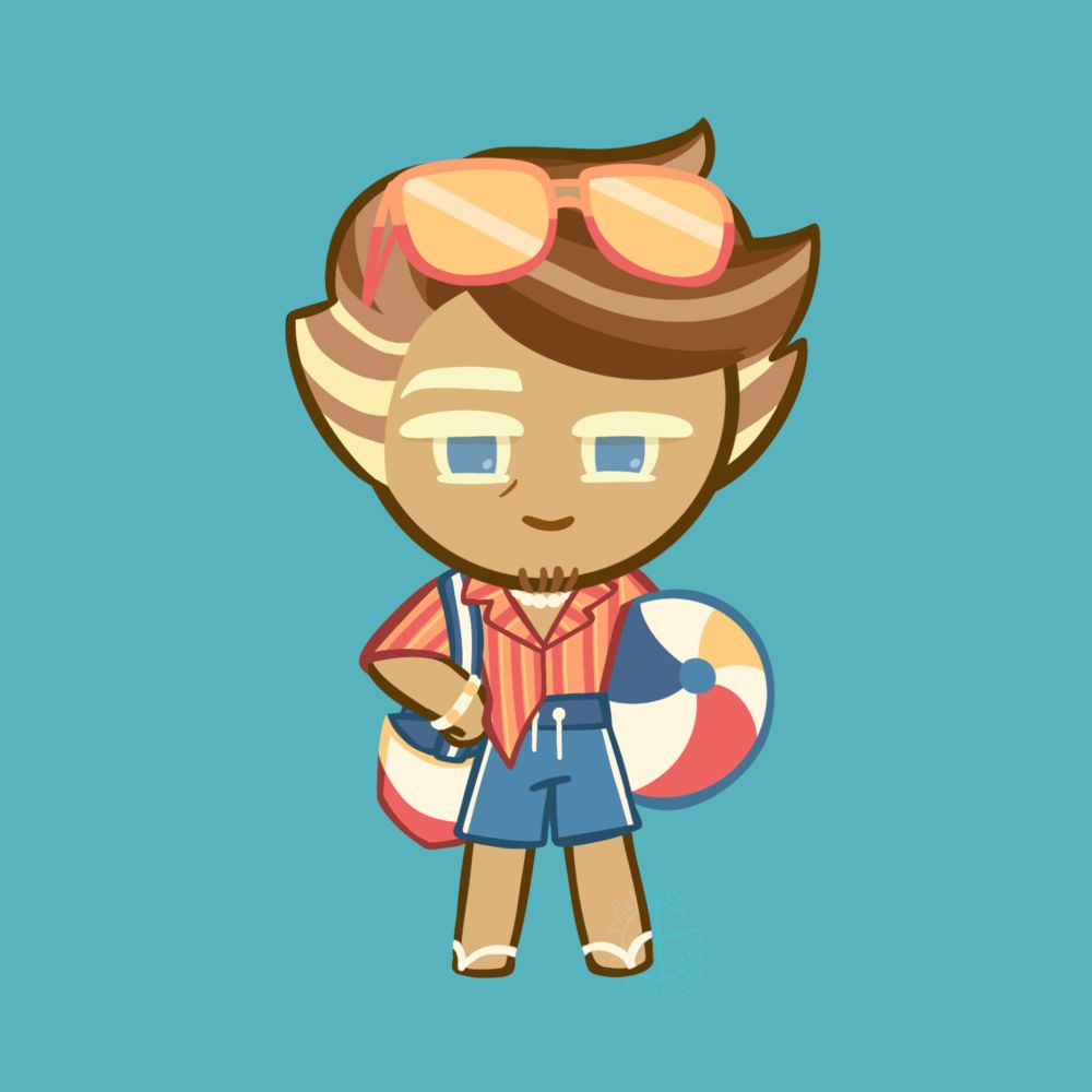 Digital drawing of Almond Cookie from Cookie Run Ovenbreak in a summery beach outfit