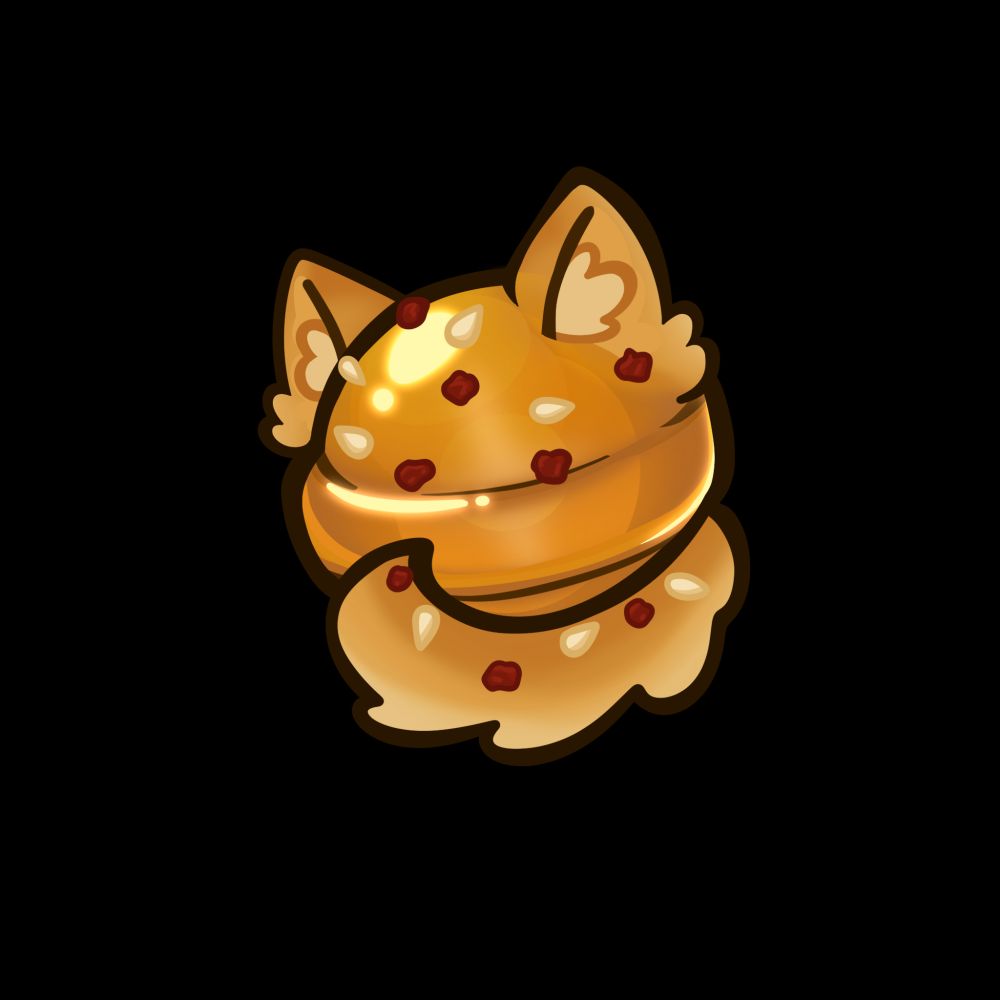 Digital art of a Cookie Run Magic Candy for my CRK OC Peanut Butter Noodle Cookie. It's a warm orangey brown with puppy ears and a fluffy tail. It's decorated with red chili flakes and seasame seeds