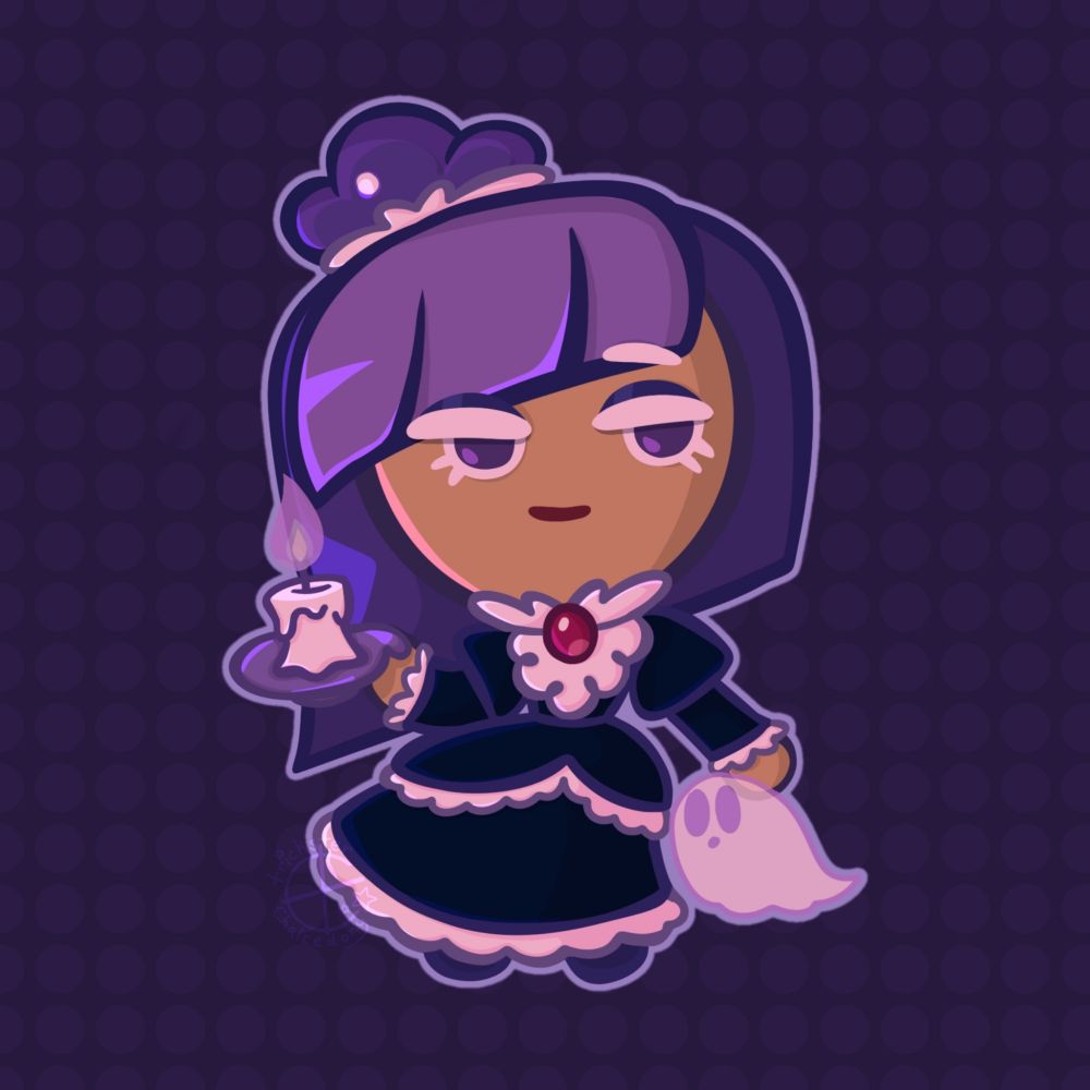 Digital art of Blackberry Cookie from Cookie Run against a dark purple dotted background. She's holding a lit candle and has her hand resting on a ghost. She's looking off to the right and smiling very softly.