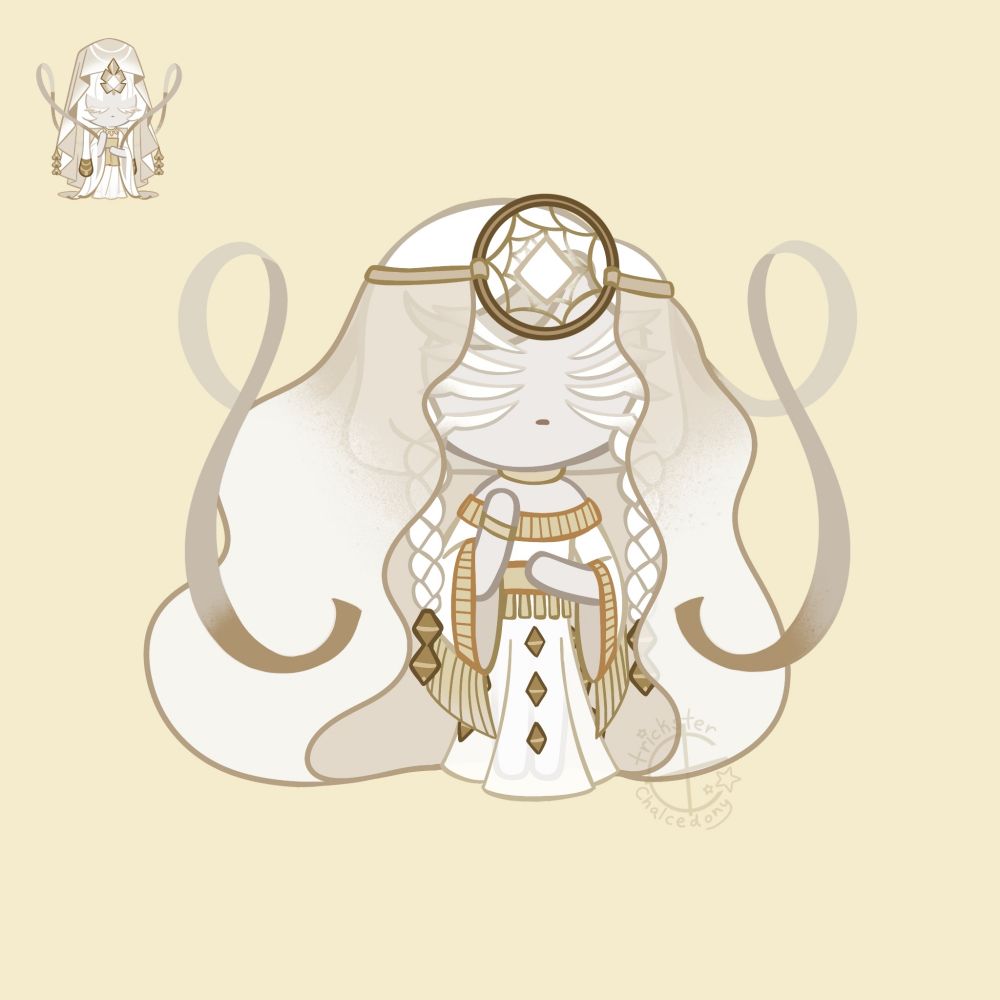 Digital art of my Mystic Flour Kinsona from Cookie Run: Kingdom. She's against a pale yellow background with her usual unedited sprite in the top left. She has all 8 of her eyes closed and a neutral expression. Her soul jam is held in a dream catcher headband that's attached to a long flowy see-through veil. She has a bob haircut with two long frontal braids decorated with diamond ends. Her dress starts lower on her shoulders with the shoulder hem and sleeve hems now dull yellow with lines sectioning it out. She has a tie around her waist with fringe hanging off, and fringe on her sleeves. Her dress is long and slightly see-through, adorned with more diamonds in reference to jingle dresses. The tie of her headband flows out beside her in large loops.