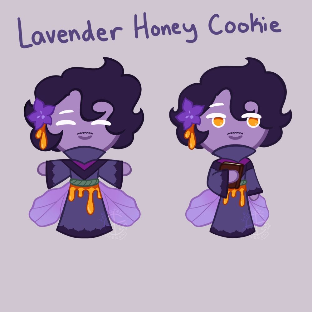 Digital art of the same Cookie Run OC twice against a grey background labeled "Lavender Honey Cookie". He is a purple cookie with pale purple dough and dark lavender hair. He has two low hanging wings in the shape of an upper lavender petal. He has yellow eyes and a little mustache. He's wearing a lower lavender flower hairpiece with dripping honey. He's wearing long purple robes with long sleeves and a high collar, the sleeves and bottom hem are lined with a darker purple flower shape. He has two chevrons across his chest, one darker purple and one a dark magenta. He has a pale green rope tied around his waist with golden honey dripping down. On the left he is holding out his arms showing off his outfit with his eyes closed. On the right he is holding a book to his chest and looking off to the right.