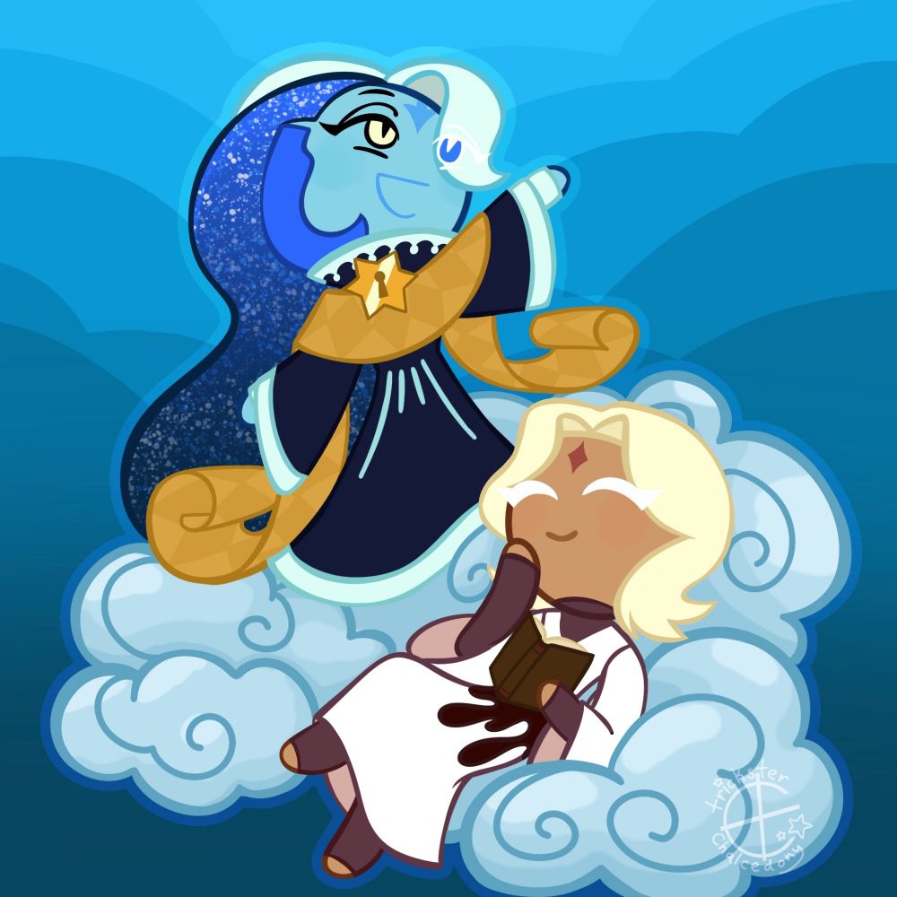 Digital art of the Fount of Knowledge (Shadow Milk Cookie) and Pure Vanilla Cookie against a blue cloudy background. The Fount stands above Pure Vanilla, gesturing wildly with a smile on his face, yapping about something. Pure Vanilla lays below, comfortably resting on the clouds the two of them are on. He's smiling up at the Fount with his hand to his face as if he's giggling. He's holding a book in one hand and is not wearing his cloak, soul jam, or hat. The two of them are very pleased to be in each other's company floating in the sky.
