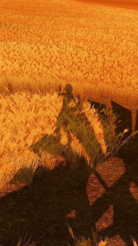 the shadow of my vrchat avatar standing on a collapsed windmill in a field of grass