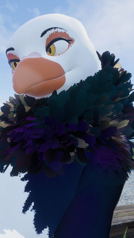 a close-up of the avatar's upper body showing light passing through the feathers