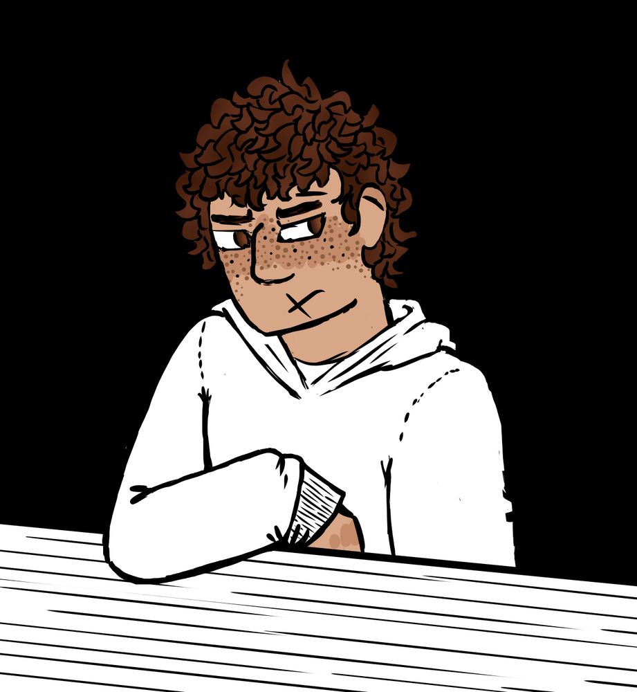 Orvyn sitting at a table with a serious look. He has brown curls and eyes, and a lot of freckles across his nose as well as a scar across his mouth and over his left eye