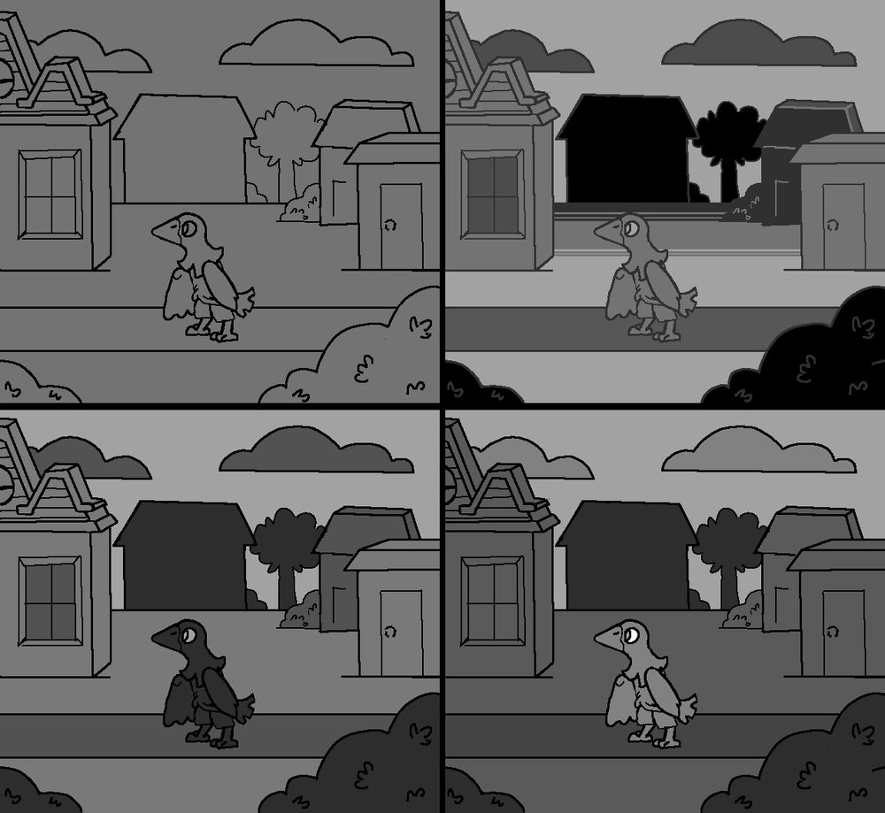 four squares of the same nighttime scene. A anthro crow standing on a path in a residential area, each square is shaded differently 