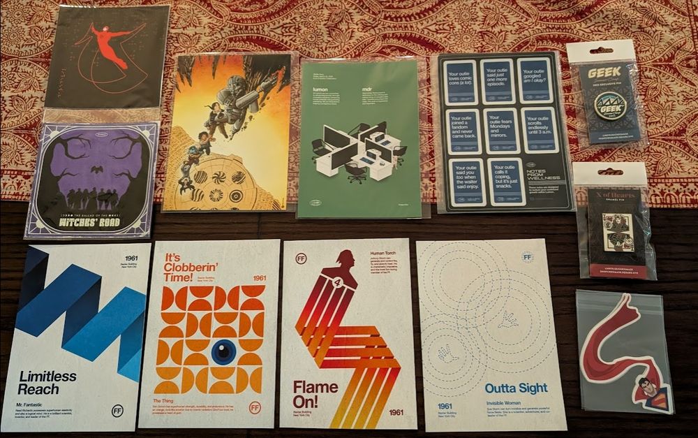 Prints, pins, and stickers from Chris Maze. Superman, Daredevil, Fantastic Four, Severance, X-Men, Agatha All Along, Star Wars Skeleton Crew.