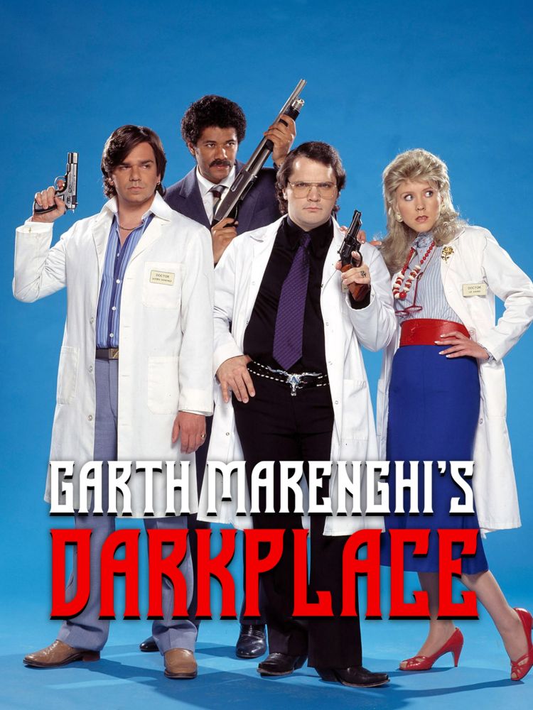 Garth Marenghi's Darkplace Group of people with Doctor's coats holding guns.