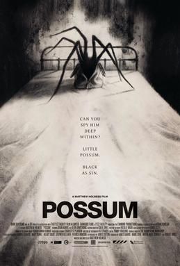 Possum movie poster in black and white. A large spider-type-thing at the end of a bed.