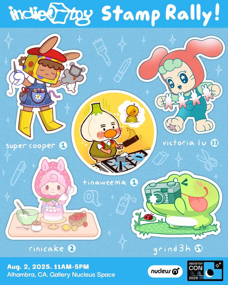 Five sticker designs by 5 different artist on a light blue background.  Top left is a tv-head bunny girl sewing a tv-head plush bear, top right is a bunny girl in a red hood and overalls holding up a paper cutout of 4 little bunny people, middle is an onion headed lil guy cooking some food while thinking about a lady friend, bottom left is a pastel pink alpaca decorating a pink cake with white frosting, and bottom right is a green frog taking a photograph of a ladybug.