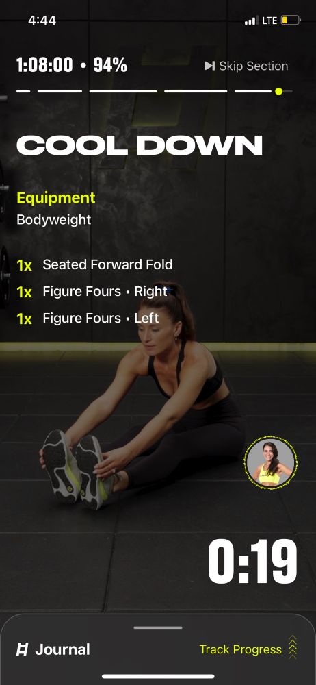 Screenshot of a fitness app workout in progress