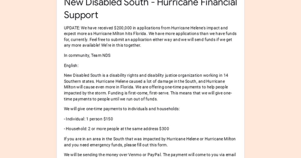 New Disabled South - Hurricane Financial Support