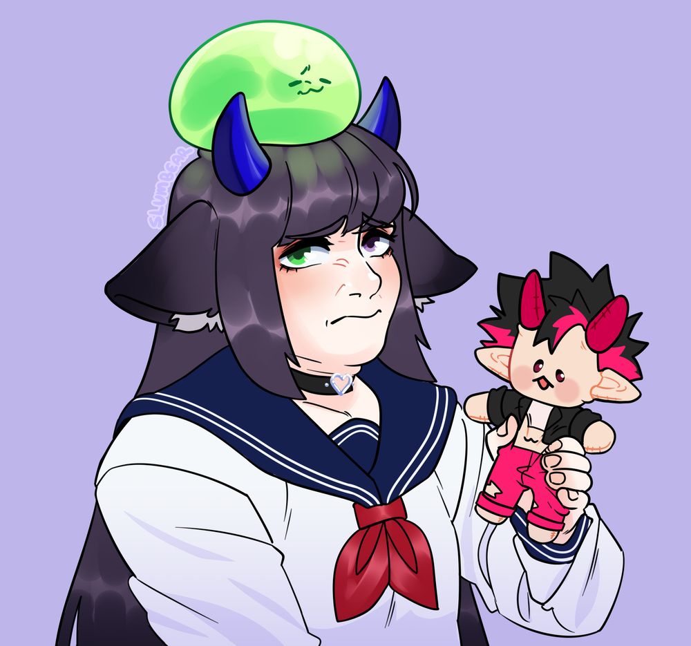 A drawing of Mrs Blob holding a plushie of Shooshies. She is cringing. 
