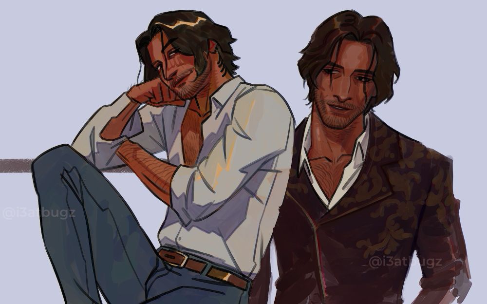 two colored sketches of luis serra, one sitting, one cunty