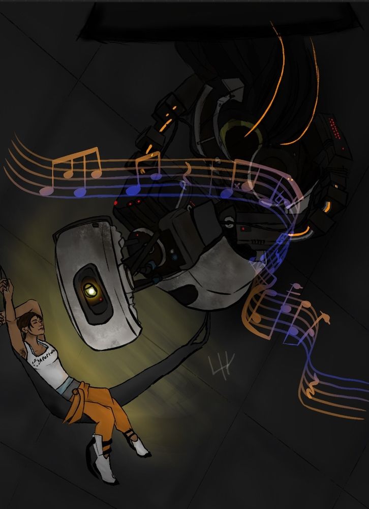 A digital drawing of chell and glados. Chell is lying in a hammock next to glados. A soft glow comes from glados eye as she hums, the music note's rap around them