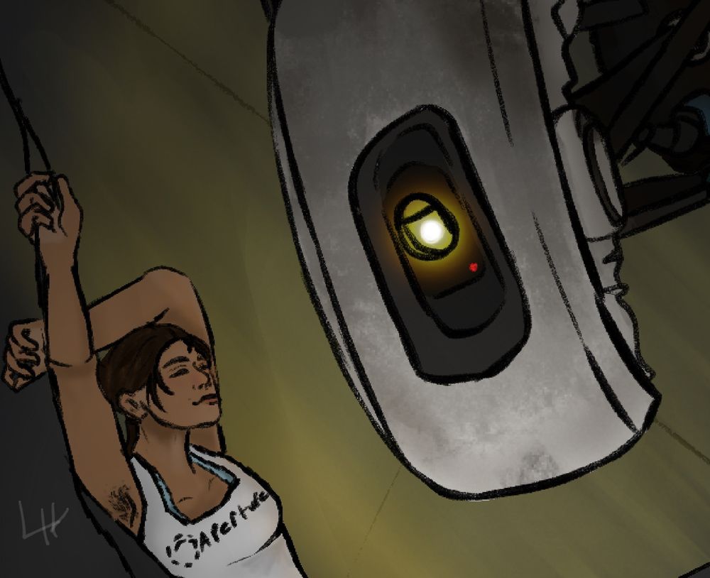 A zoom in on chell and glados 