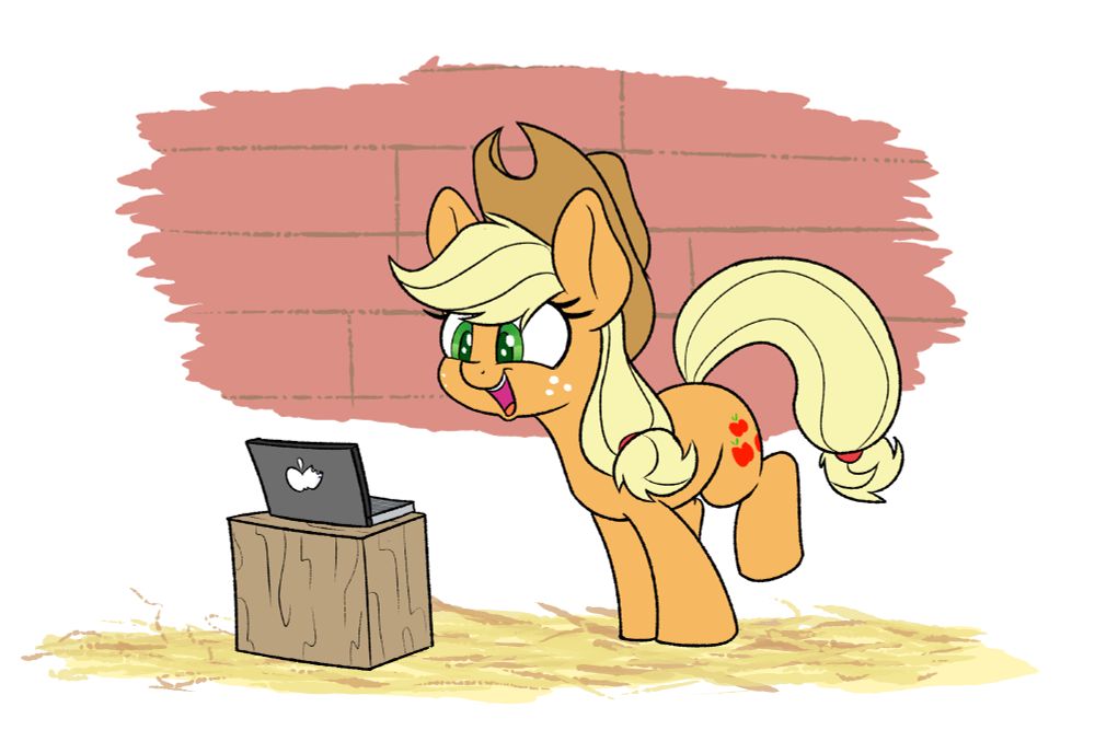 Applejack excitedly looks at a laptop with an apple logo. 