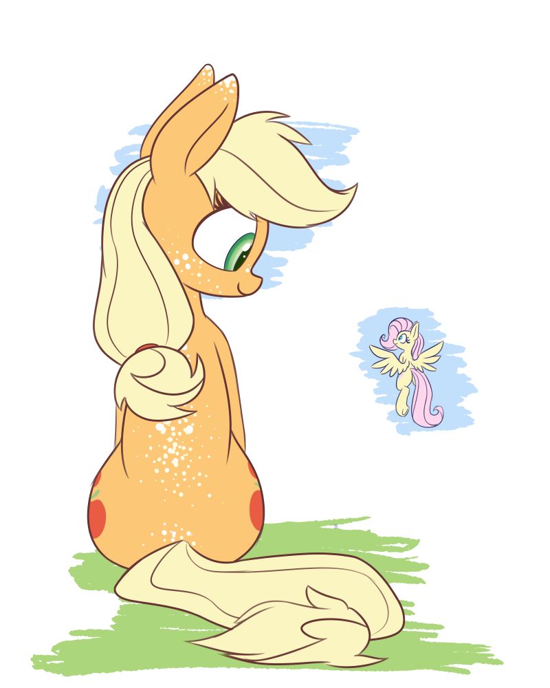 Applejack is gigantic. She sits in a grass field, looking down at Fluttershy who is hovering next to her and looking up at her. 
