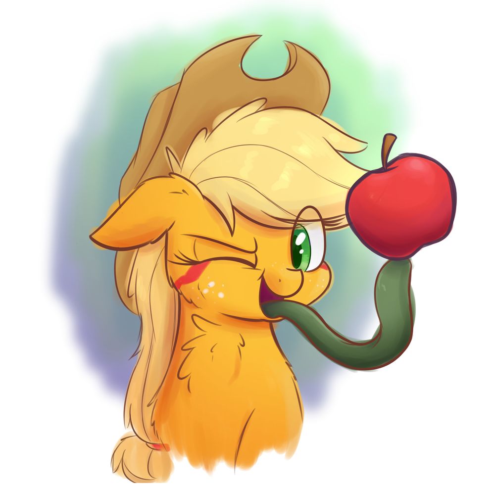 A bust drawing of Tatzljack. She is holding an apple up with her tongue and winking at the viewer.