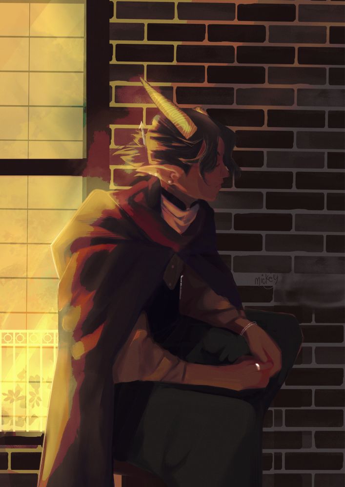 A yellow tiefling sits in front of a window and stone brick wall. Their back is illuminated from the sun in the window.