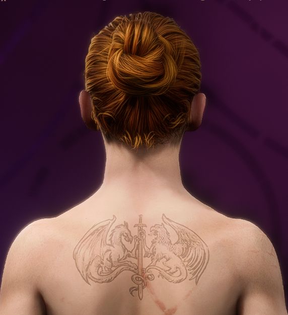 Back view of a woman with fair skin and red hair pulled back in a bun, from the mid-back up. She has a tattoo on her back of a dragon and a griffon with a sword between them. (She's a Dragon Age OC.)