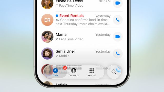 Screenshot of new iOS call log. The bottom button menu is translucent as part of the new liquid glass design update. 