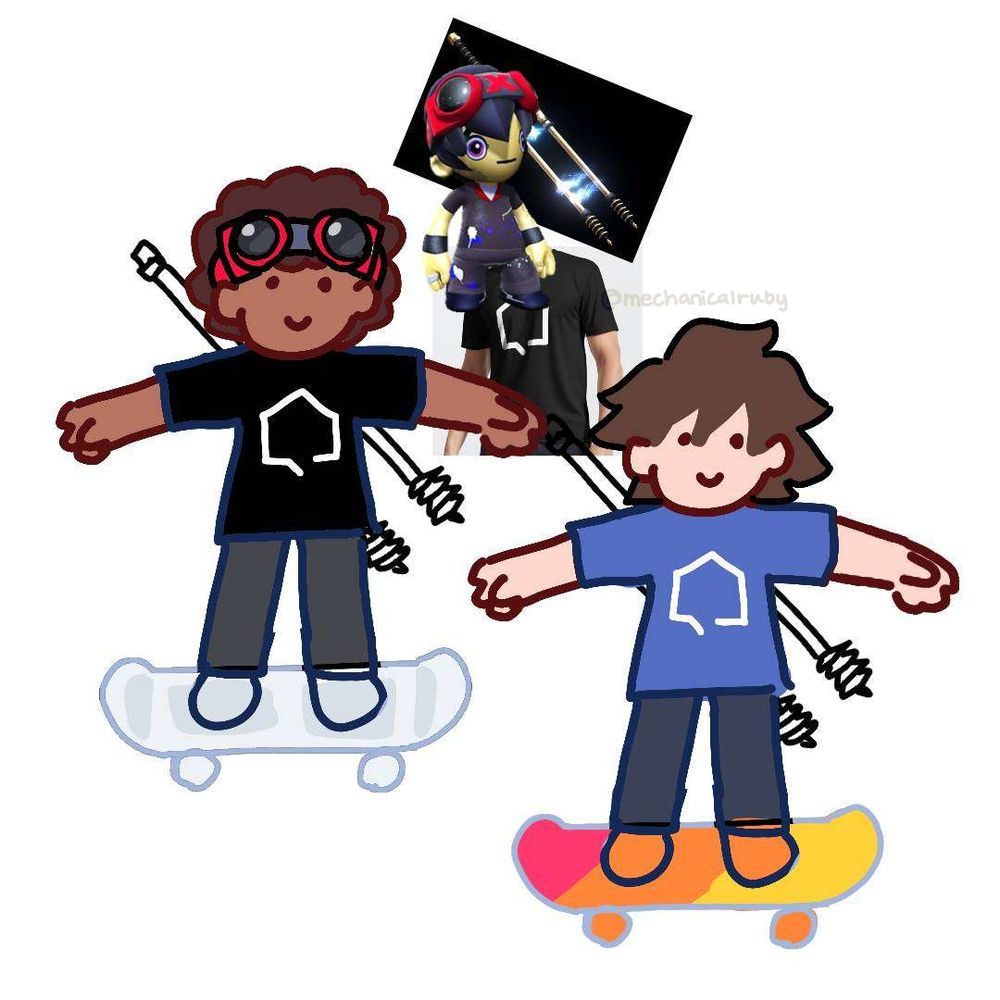 two characters on a skateboard, wearing PlayStation Home T-shirts, ModNation Racers goggles, and the Amp from inFAMOUS 2