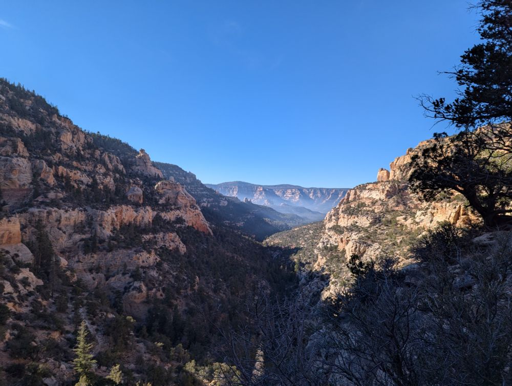 Smoke settles in the bottom of a forested canyon setting as the morning sun works its way across one side of the canyon walls.