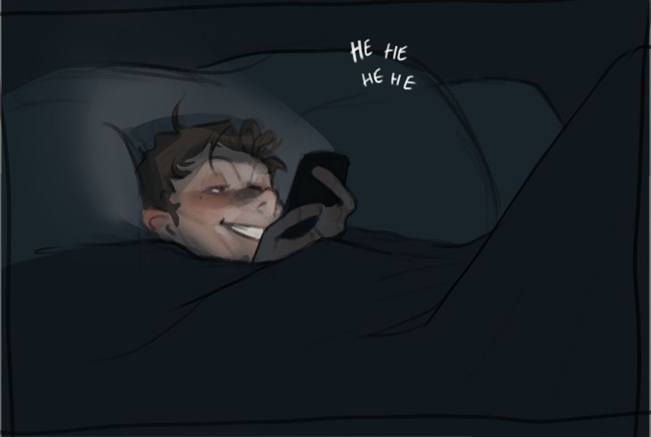 viktor in bed on his phone, giggling