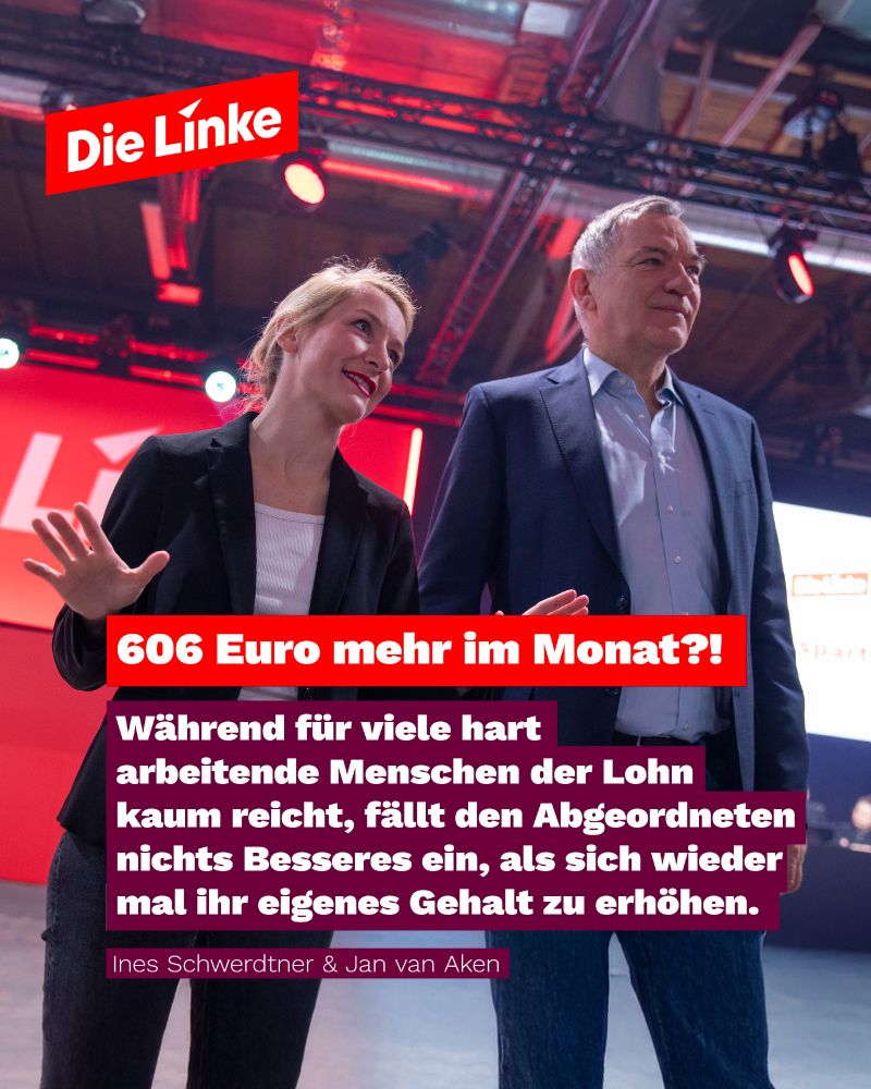 Auf der Grafik sind Ines Schwerdtner und Jan van Aken von der Partei Die Linke auf einer Bühne zu sehen. Über dem Bild steht in roter Schrift: „606 Euro mehr im Monat?!“. Darunter folgt das Zitat: „Während für viele hart arbeitende Menschen der Lohn kaum reicht, fällt den Abgeordneten nichts Besseres ein, als sich wieder mal ihr eigenes Gehalt zu erhöhen.“ Unten rechts sind die Namen „Ines Schwerdtner & Jan van Aken“ angegeben.