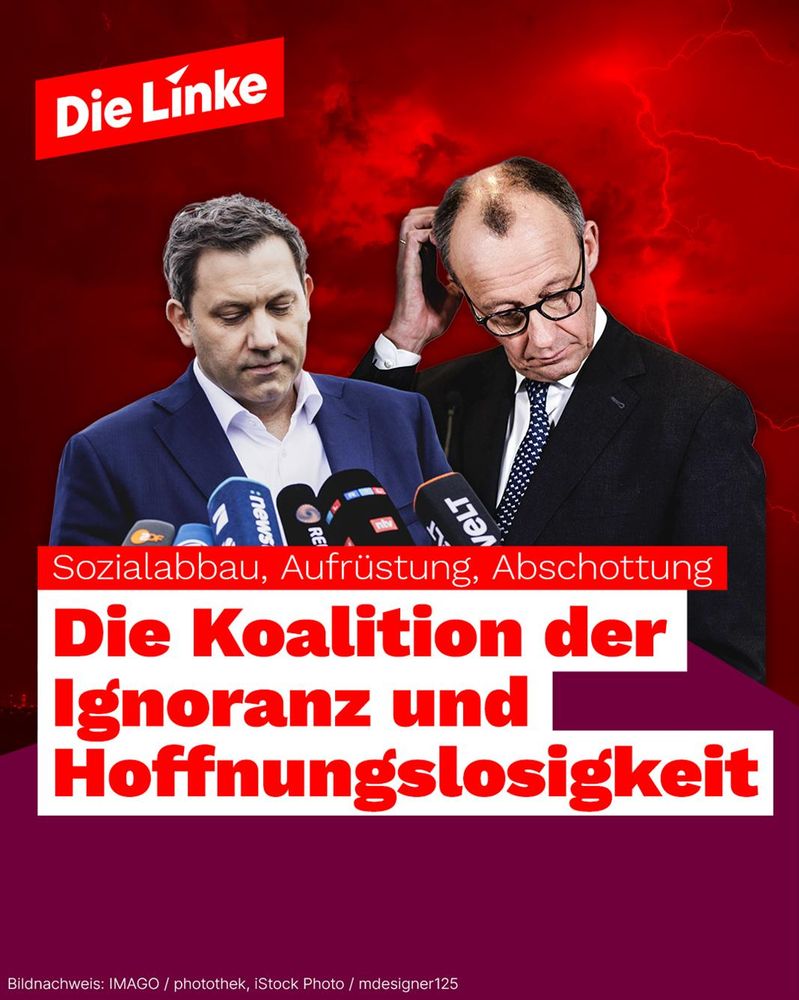 Auf dem Sharepic der Partei Die Linke sind die Politiker Lars Klingbeil (SPD) und Friedrich Merz (CDU) vor einem dramatisch rot gefärbten Himmel mit Blitzen zu sehen. Beide blicken ernst bzw. ratlos nach unten. Über ihnen steht in großen, roten Lettern auf weißem Grund: „Die Koalition der Ignoranz und Hoffnungslosigkeit“. Darüber sind die Schlagworte „Sozialabbau, Aufrüstung, Abschottung“ zu lesen. Das Logo der Linken ist prominent oben links platziert.