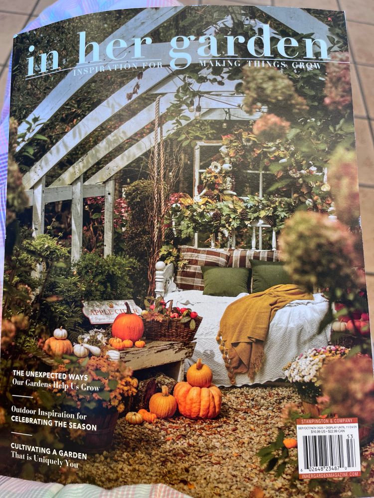 In her garden, fall edition magazine. 