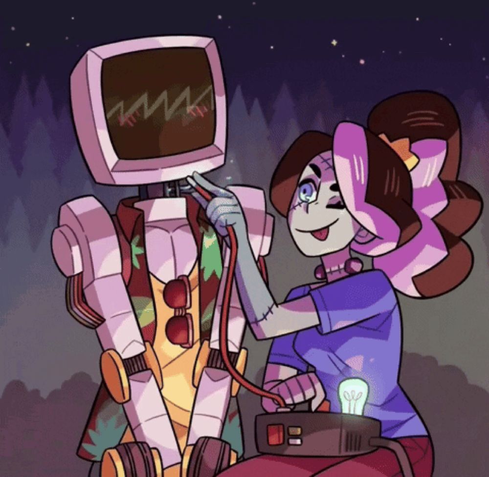 a drawing of a robot and a woman with a light bulb