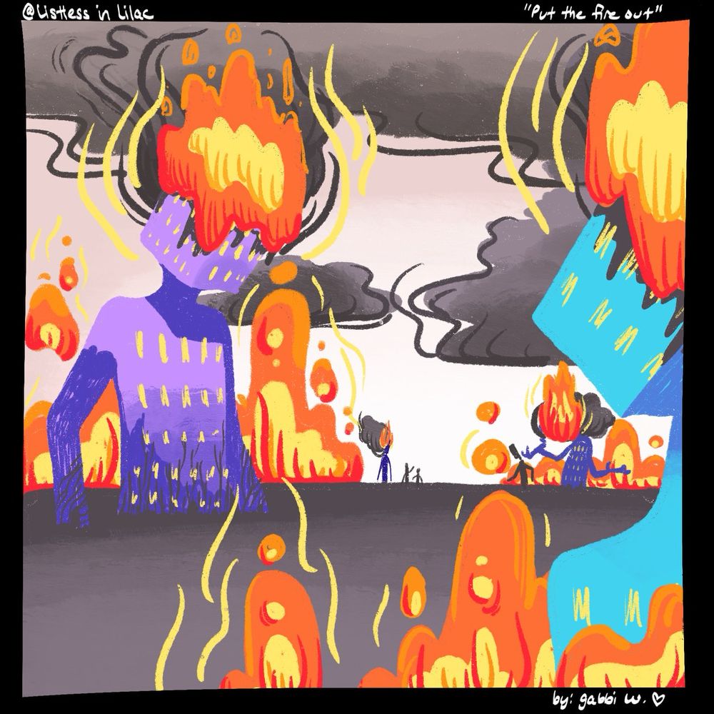 Digital art:
Buildings shaped like people burn