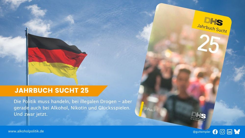 Titelbild des Jahrbuchs Sucht 2025 neben wehender Deutschlandflagge vor blauem Himmel. Dazu der Text: Die Politik muss handeln, bei illegalen Drogen ‒ aber gerade auch bei Alkohol, Nikotin und Glücksspielen. Und zwar jetzt.