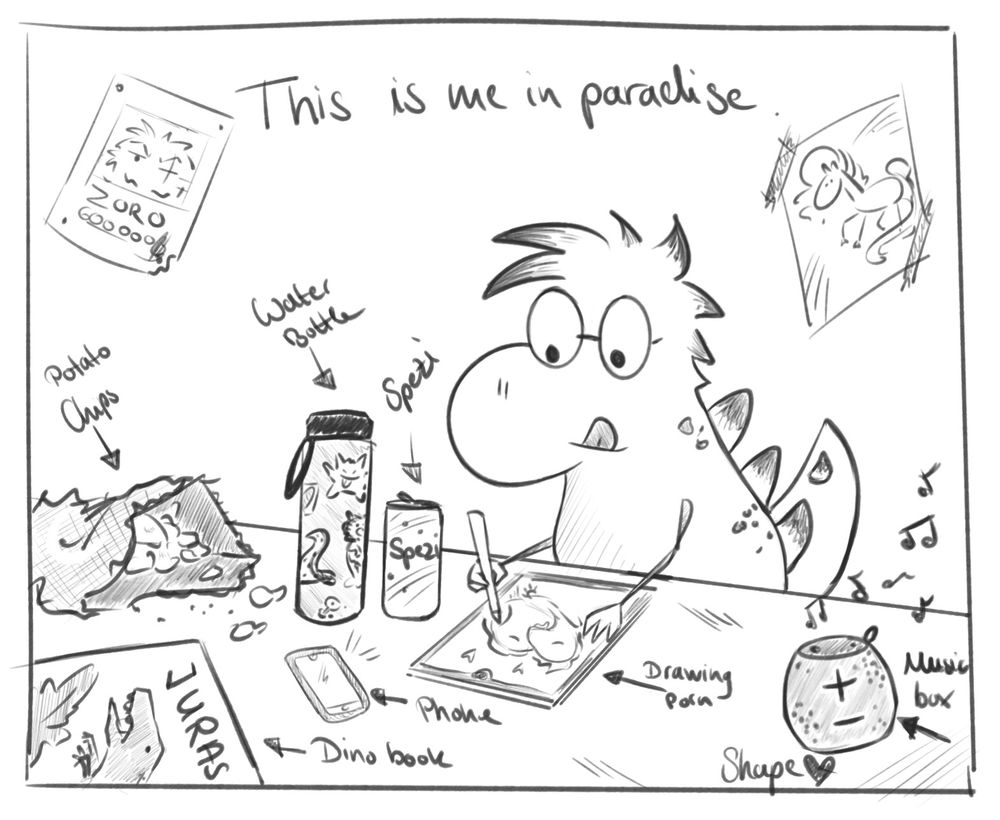 the title is ”this is me in paradise” and it shows my dino sona, drawing some porn, hearing music, having some fun drinks , potato chips as snacks, a dino book and a One piece and pony poster in the background.