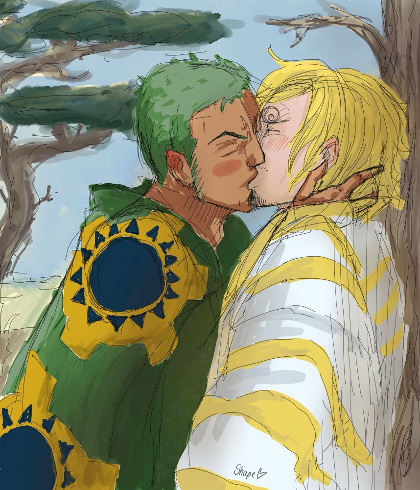 two men in kimonos kissing against a tree. one has short green hair and tan skin (zoro), while the other is a pale blonde one with a long bob (Sanji). 